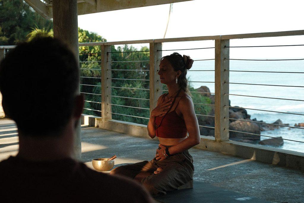 Ahangama surf camp guests enjoying yoga after surf