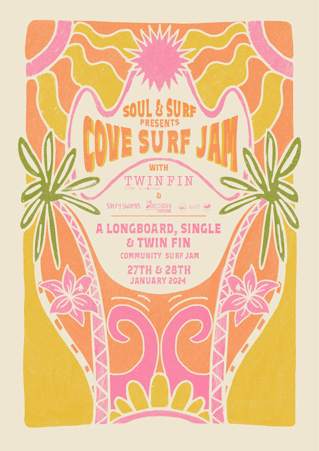 Cove Surf Jam 2024 poster: pink and orange risograph-style waves and flowers