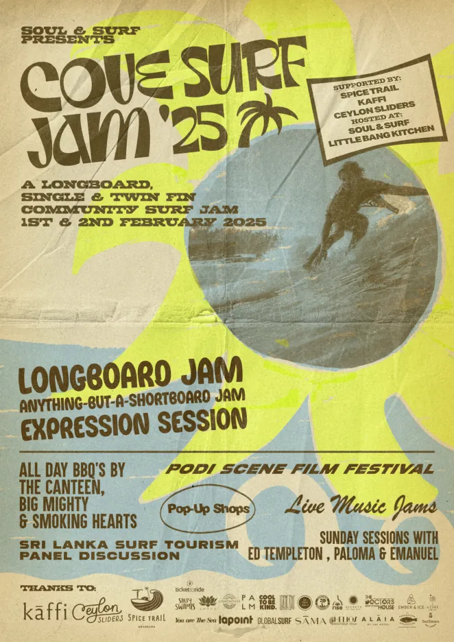 Cove Surf Jam 2025 poster: blue duotone surfer with green display lettering