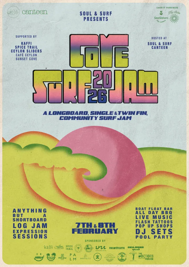 Cove Surf Jam 2026 poster: gradient lettering over a yellow and blue wave illustration
